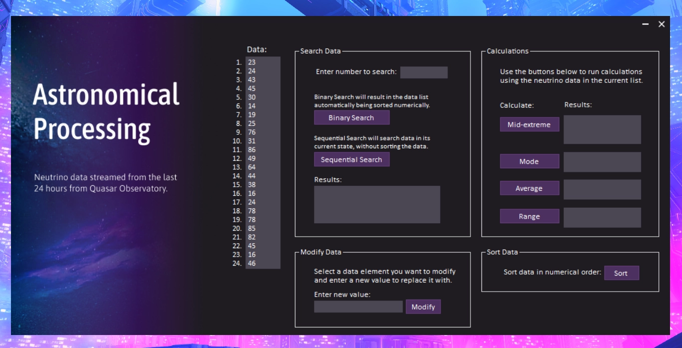 screenshot of the astronomical processing application