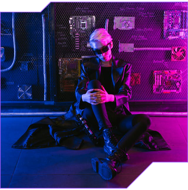 woman dressed in futuristic clothing sitting on the floor with purple and blue lighting