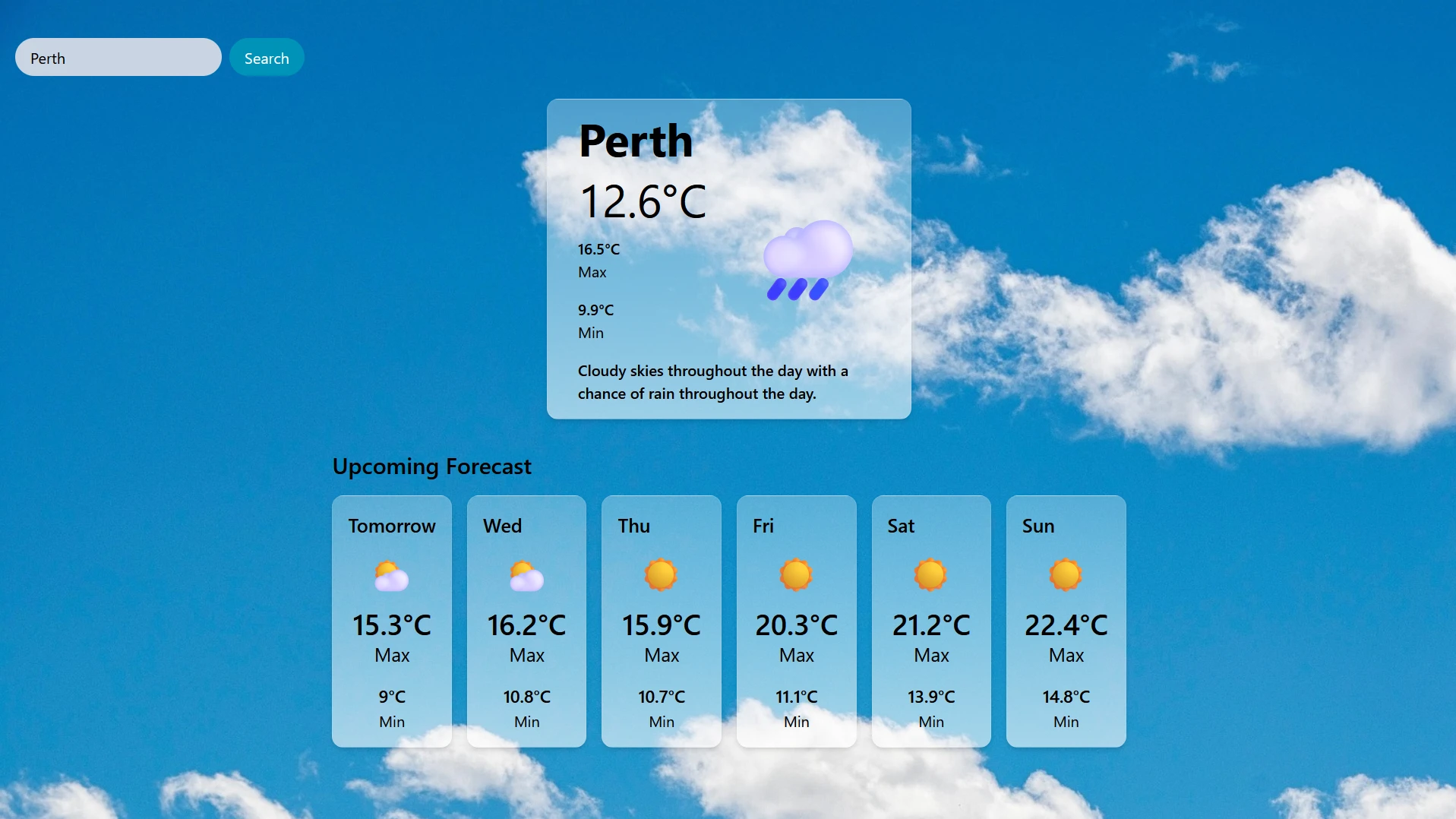 screenshot of a weather application showing a weather forcast with a blue sky background